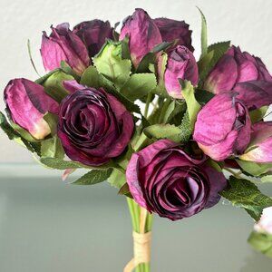 13 1/4" Red Purple 12 Bud Faux Artificial Roses Rosebuds Flower Bundle Bouquet